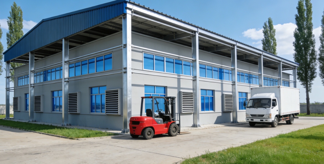 Edificio de fábrica de estructura de acero.