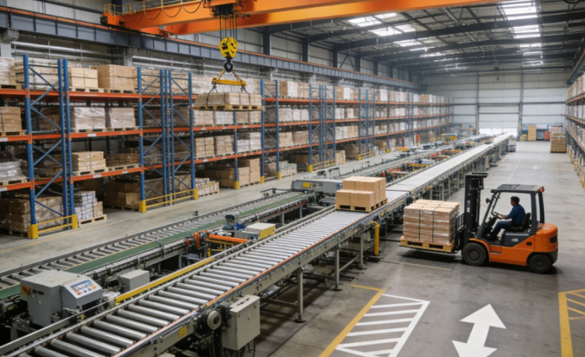 Sistema de transporte de almacén con estructura de acero